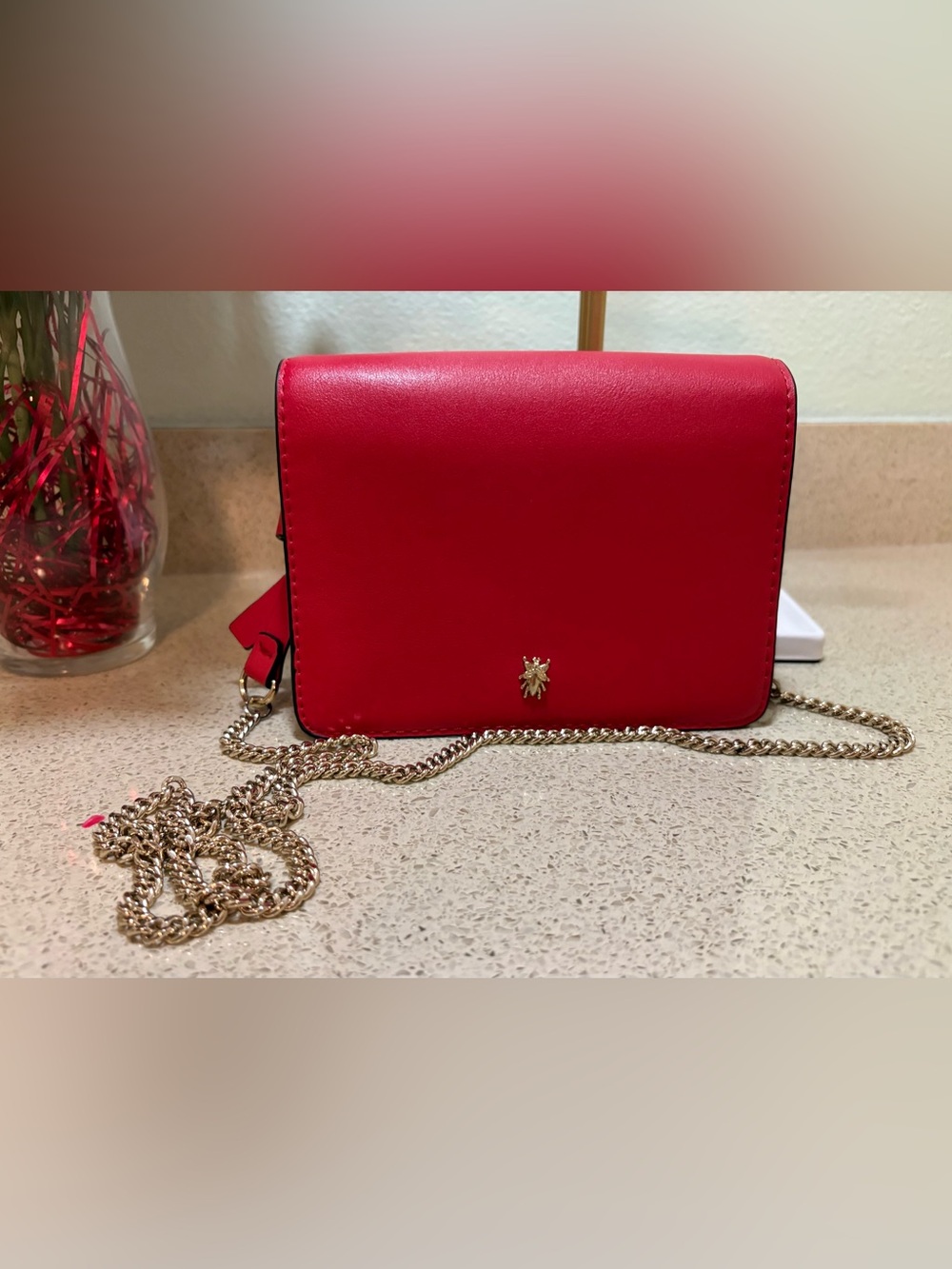 Zara Red Leather Crossbody with Gold Chain Detail